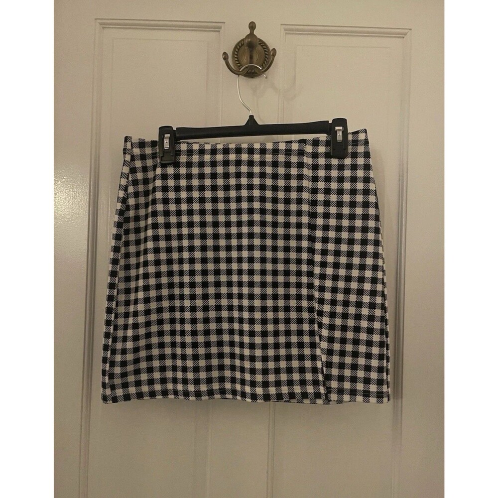 Women’s Vintage Casual Plaid Black White Stretch Mini Skirt Small Slit Size L